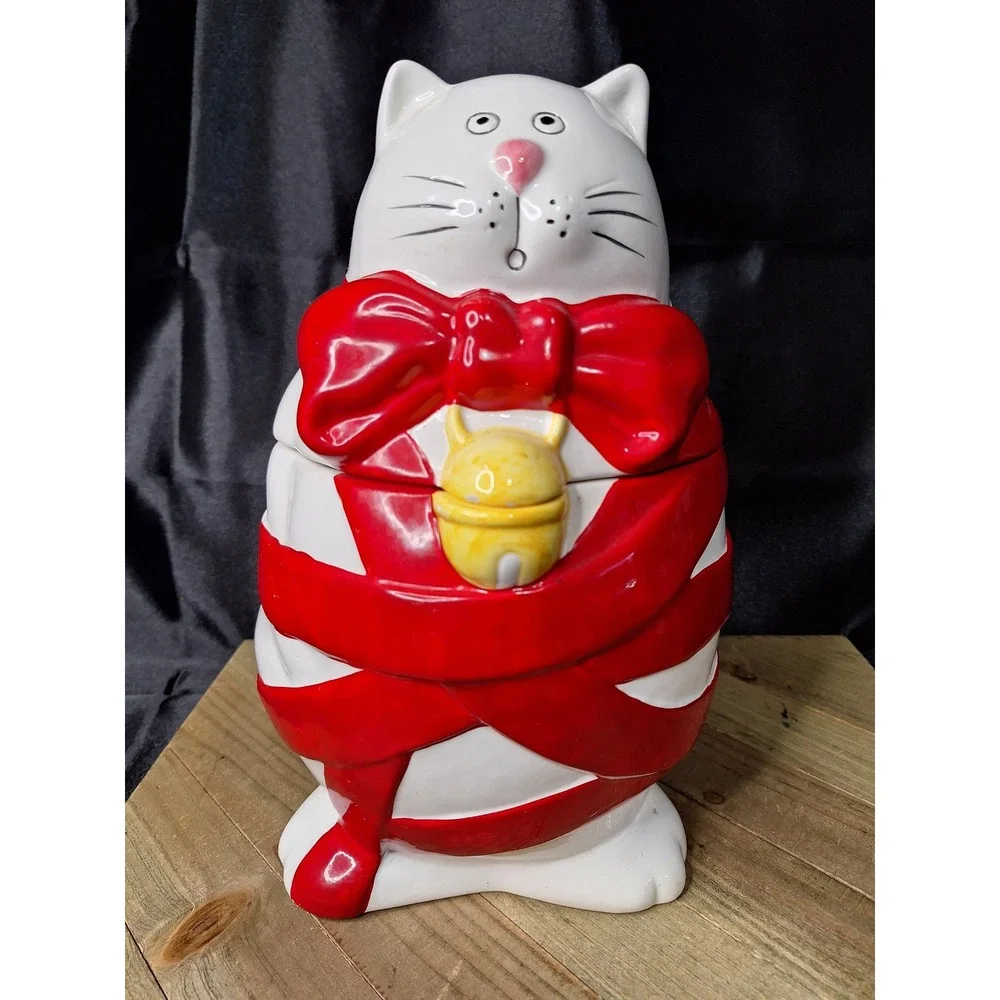 MCE EDI Sausalito White Cat Red Ribbon Bell Ceramic Cookie Jar Vintage 1980s